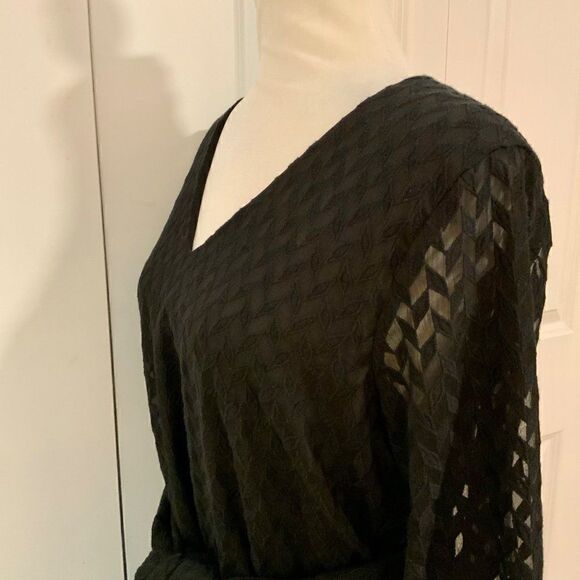 Ann Taylor Black Embroidered Chevron Semi Sheer Long Sleeve Belted Top Medium - Picture 5 of 12